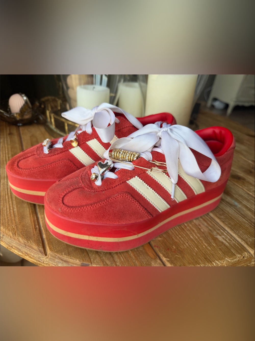 Adidas Red+Gold/White accent.Suede Platform Sneakers with Cream Stripes